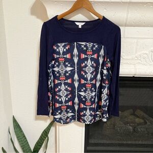 Charming Charlie Navy and Red Patterned Long Sleeve Top